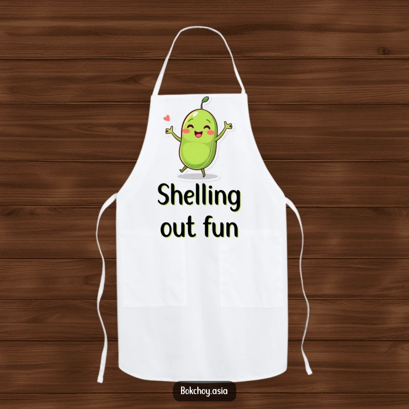 Funny pea pod character performing a fun dance while holding two peas, a humorous kitchen apron design.