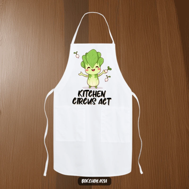 Funny bok choy apron, happily juggling radishes, bringing kitchen humor and veggie flair, ideal funny gift.