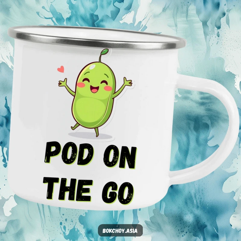 Funny pea pod character doing a jig with two peas, a cheerful and humorous design on a rustic camping mug.
