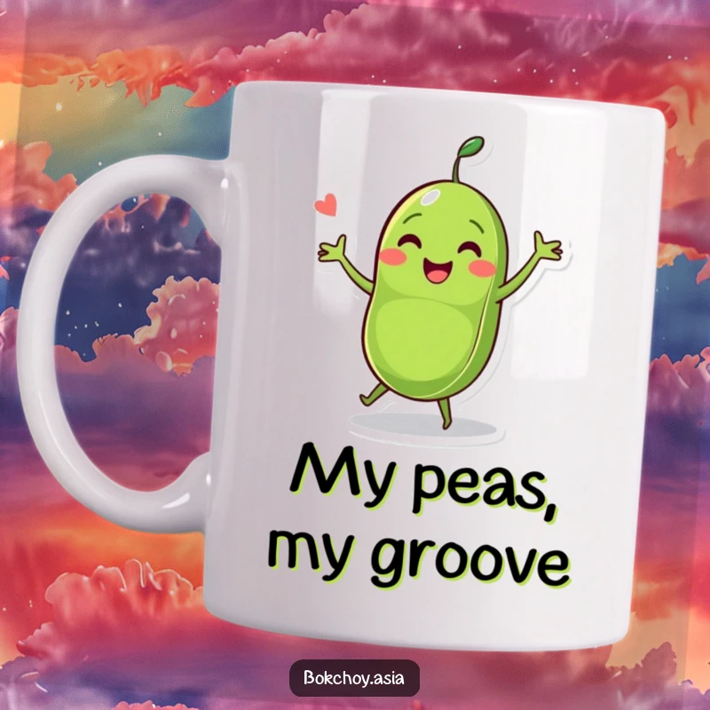 Funny pea pod character dancing joyfully with two peas, representing healthy eating and happy vibes on a mug.