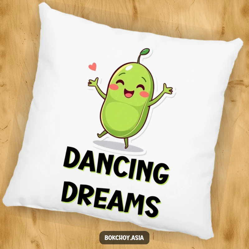 Funny pea pod character dancing energetically with two green peas, a cute and humorous illustration on a decorative pillow.