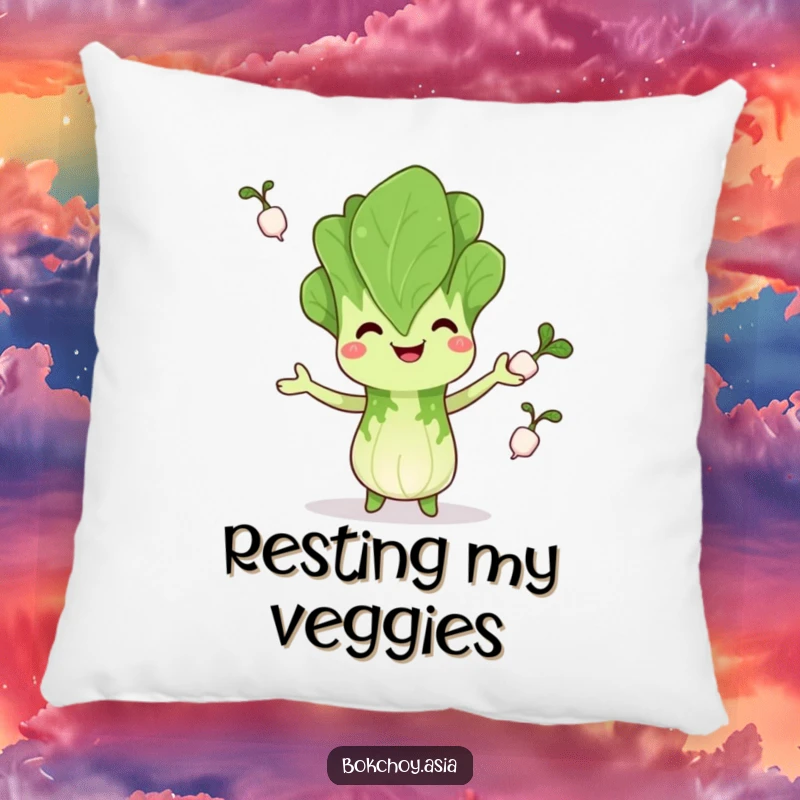 Funny bok choy juggling pillow, happy with radishes, offering comfort and humorous veggie delight, perfect funny gift.