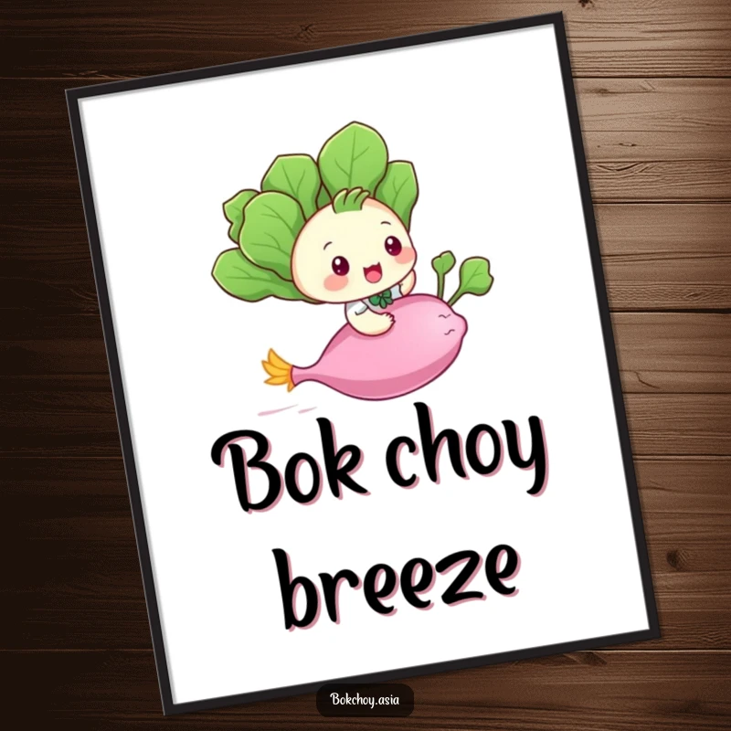 Funny baby bok choy character riding a flying radish, a high-resolution digital art print for whimsical decor.