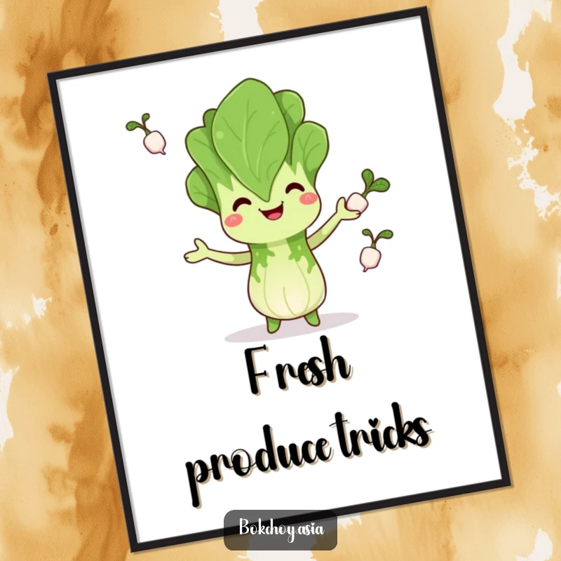 Funny bok choy digital art print, happily juggling radishes, offering veggie humor and instant decor, lovely funny gift.