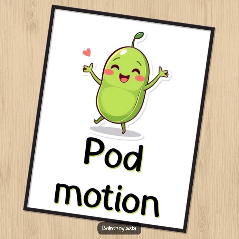 Funny pea pod character dancing joyfully with two peas, a high-resolution digital art print for humorous home decoration.