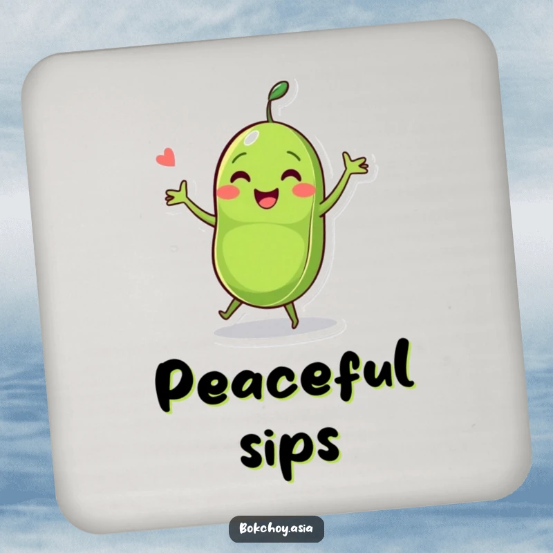 Funny pea pod character in a dance pose with two peas, a humorous and vibrant design for a drink coaster.