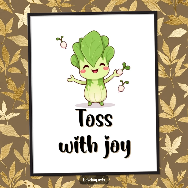 Funny bok choy poster, happily juggling tiny radishes, exuding veggie humor and playful charm, excellent funny gift.