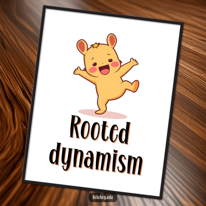 Funny ginger root character in a lively cartwheel pose, energetic and humorous wall art for a bright room.