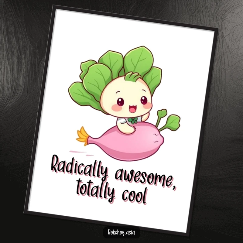 Funny Free Printable Wall Art: A playful baby bok choy character riding a flying radish, bringing whimsical adventure to walls.