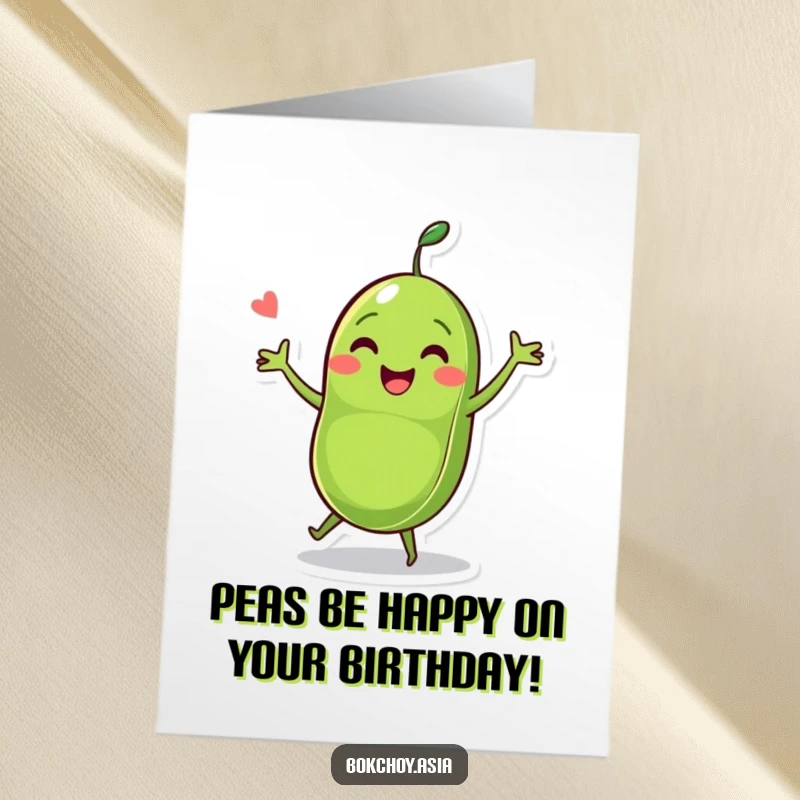 Funny Free Printable Birthday Card: Cheerful pea pod character dancing joyfully with two peas, ready to spread birthday cheer.