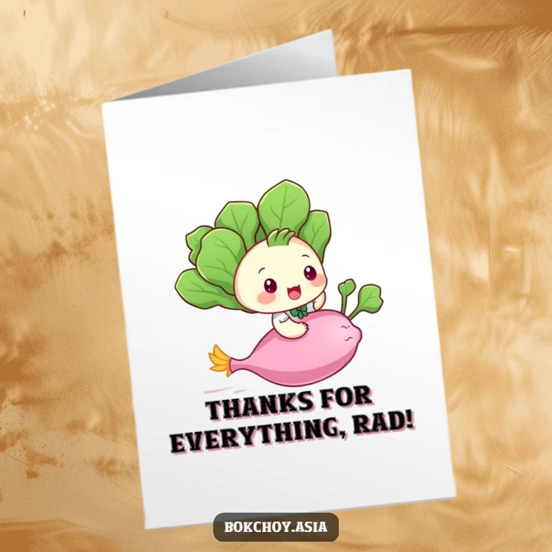 Funny Free Printable Thank You Card: A playful baby bok choy character riding a flying radish, sending thanks with a smile.