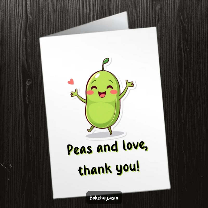 Funny Free Printable Thank You Card: A cheerful pea pod character doing a happy dance with two peas, expressing thanks.