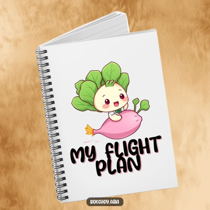 Funny baby bok choy character riding a flying radish, a whimsical and humorous notebook cover design.