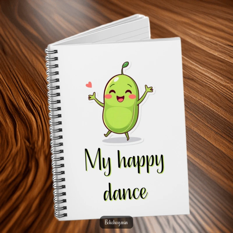 Funny pea pod character dancing with two peas, a cheerful and humorous design for a notebook cover.