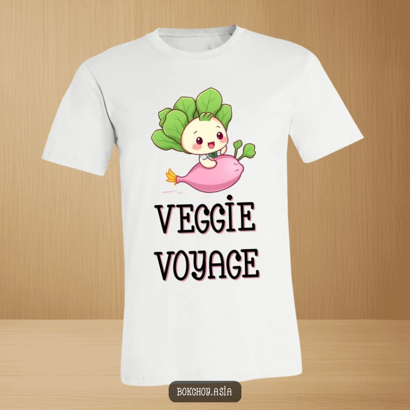 Funny baby bok choy riding a flying radish, a whimsical and humorous design perfect for a playful t-shirt.