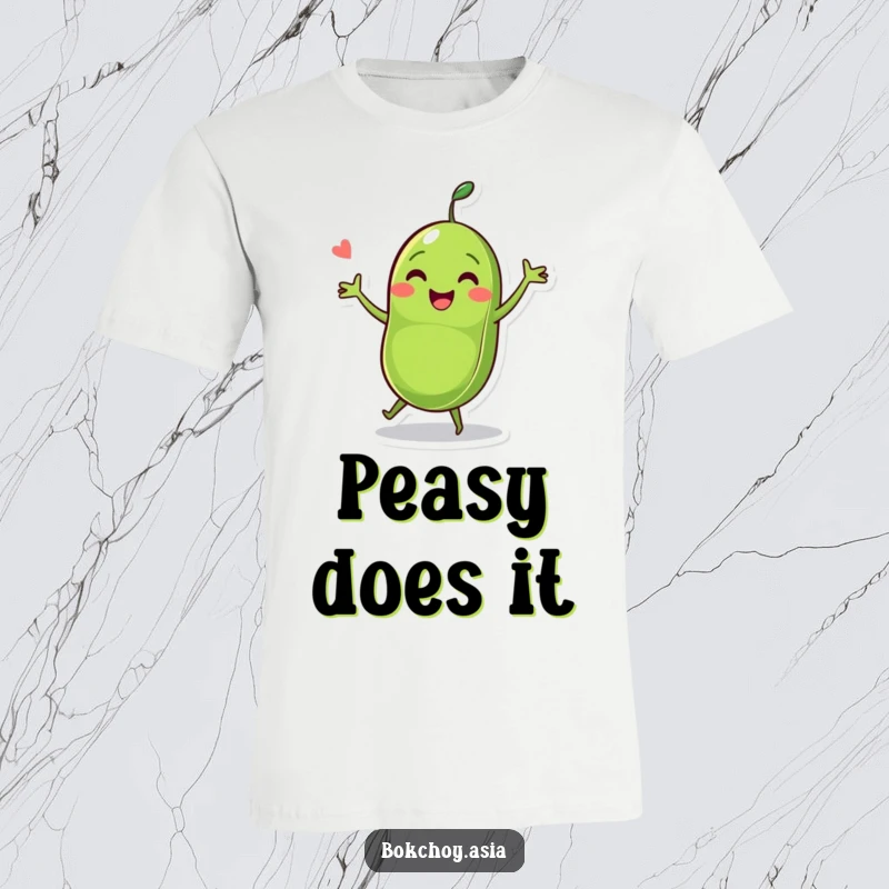 Funny dancing pea pod with peas, a cheerful veggie character expressing joy and movement on a t-shirt.