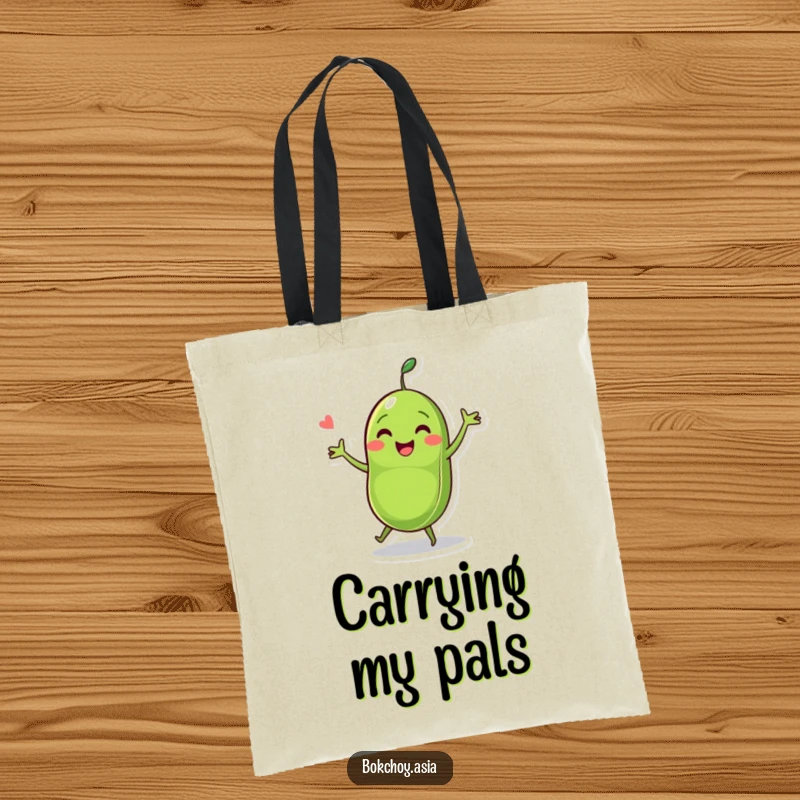 Funny pea pod character performing a lively dance with two small peas, a humorous and vibrant design on a tote bag.