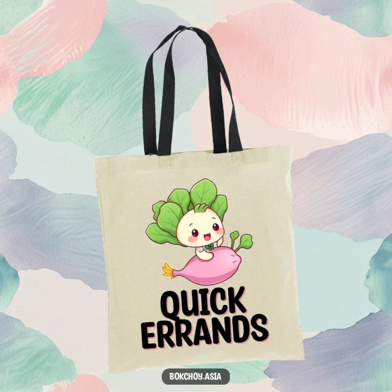 Funny baby bok choy riding a flying radish, a whimsical and humorous design on a practical tote bag.